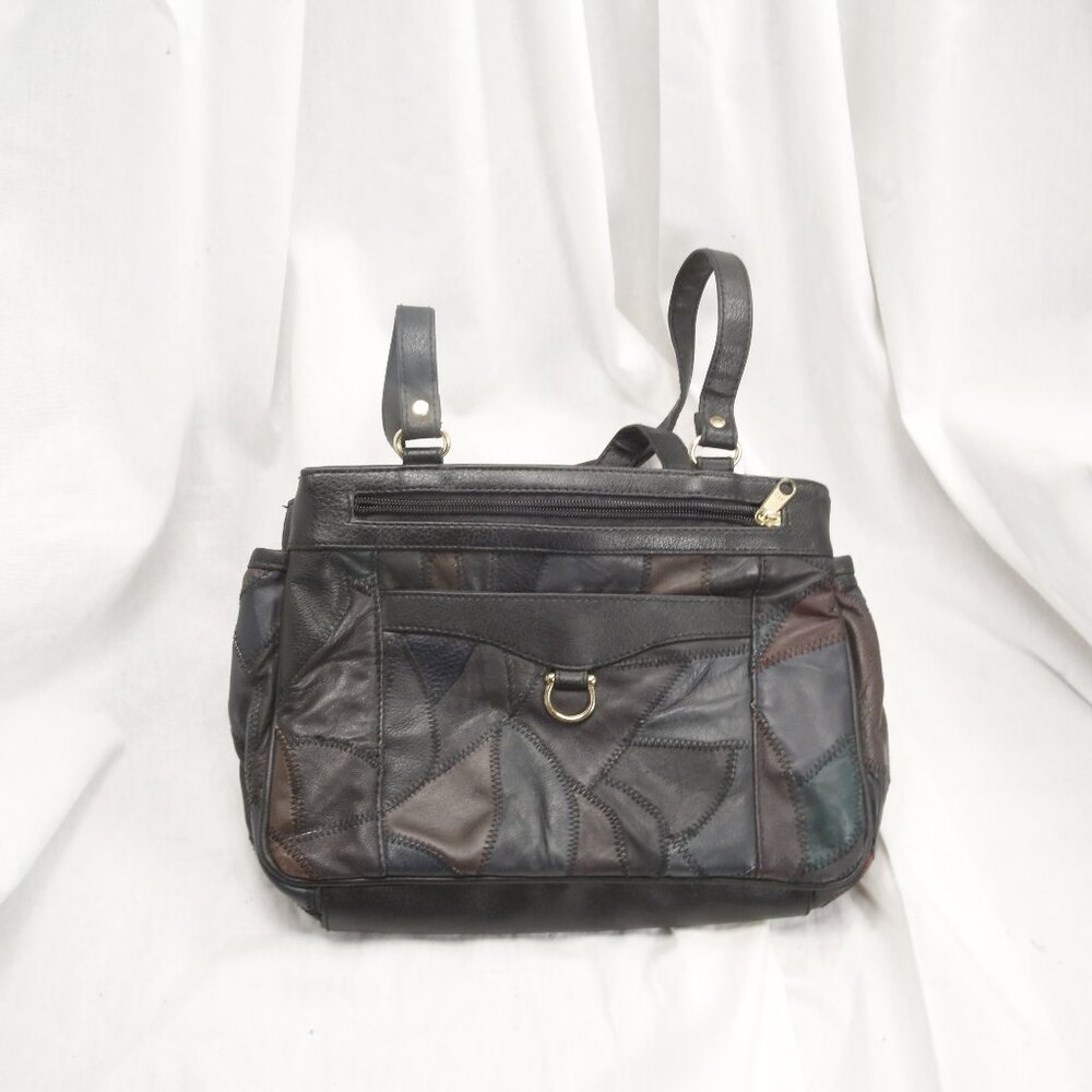 Yik Fung, black leather patchwork burgundy/green/black, purse, silver accents